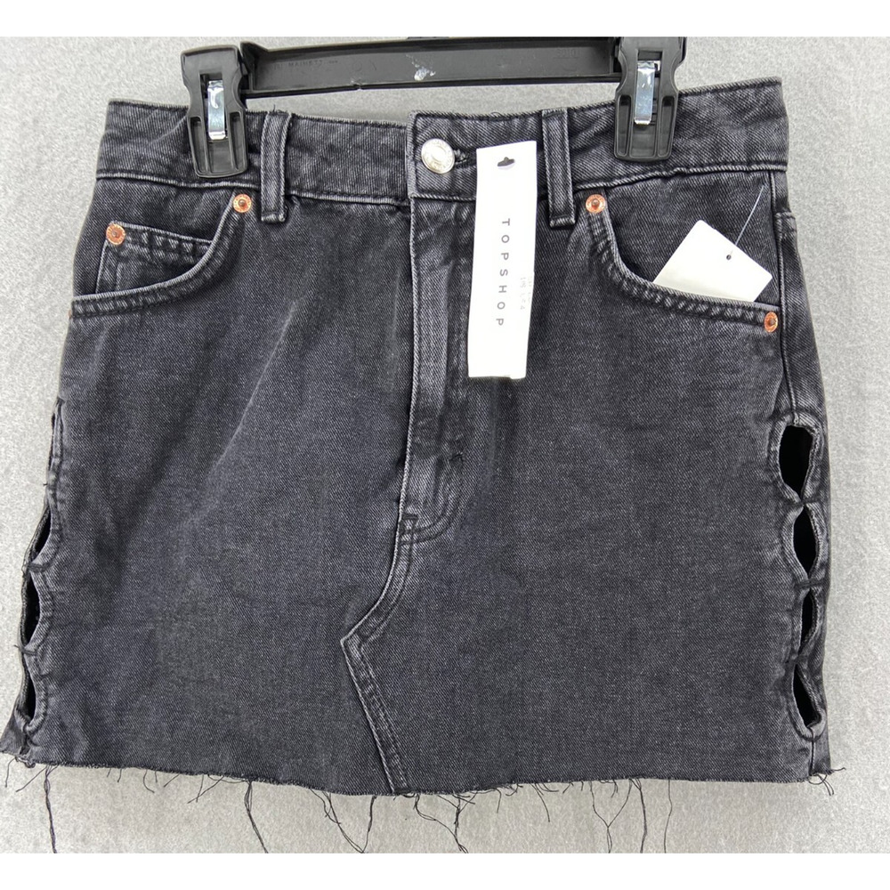 NWT Topshop Skirt Womens Sz 4 Black Acid Distressed Frayed Hem Denim Cut Outs